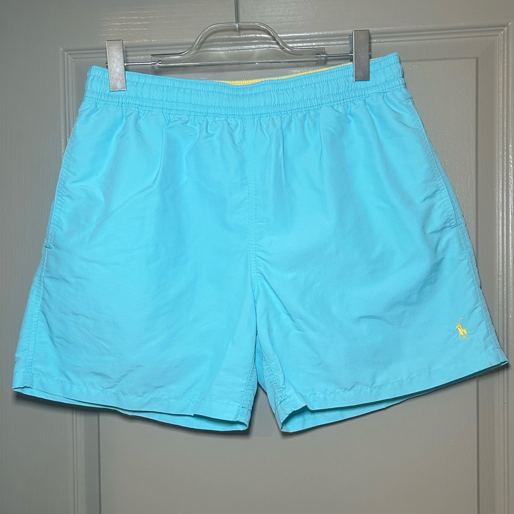 Polo Ralph Lauren Men's Large Swim Trunks Azure Blue Shorts with Yellow Pony